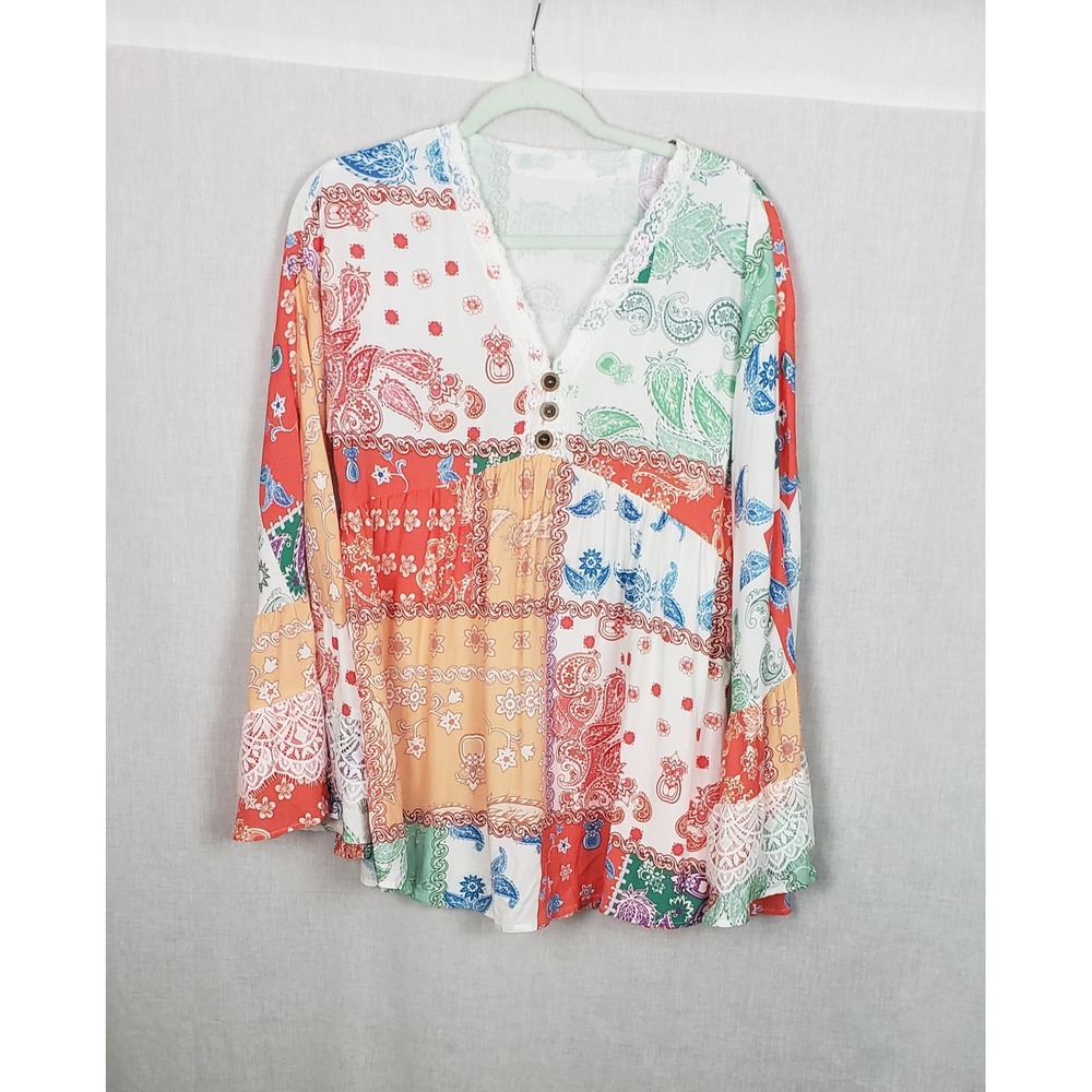 Women Multi Color Patchwork Paisley Lace Trim Boho‎ Bell Sleeve Blouse S Summer